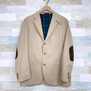 Lands End Twill Sport Coat Beige Elbow Patches Surgeon Cuffs Cotton Mens 40R